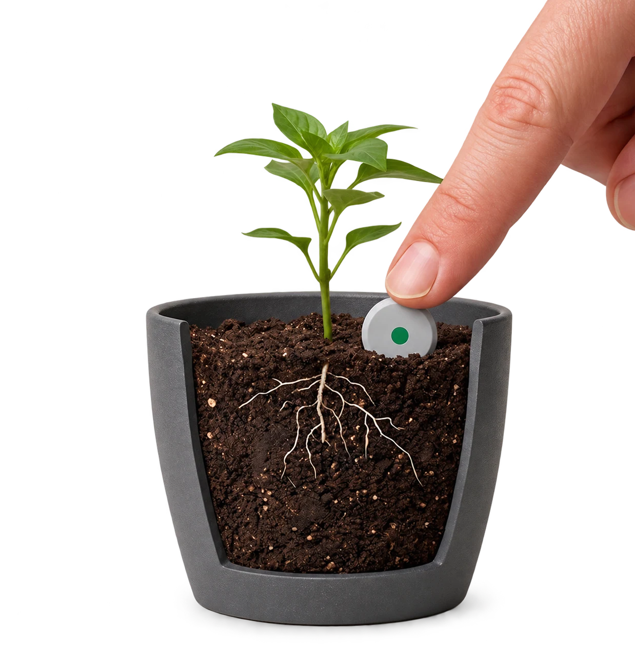 A tablet being placed in the soil beside a plant
