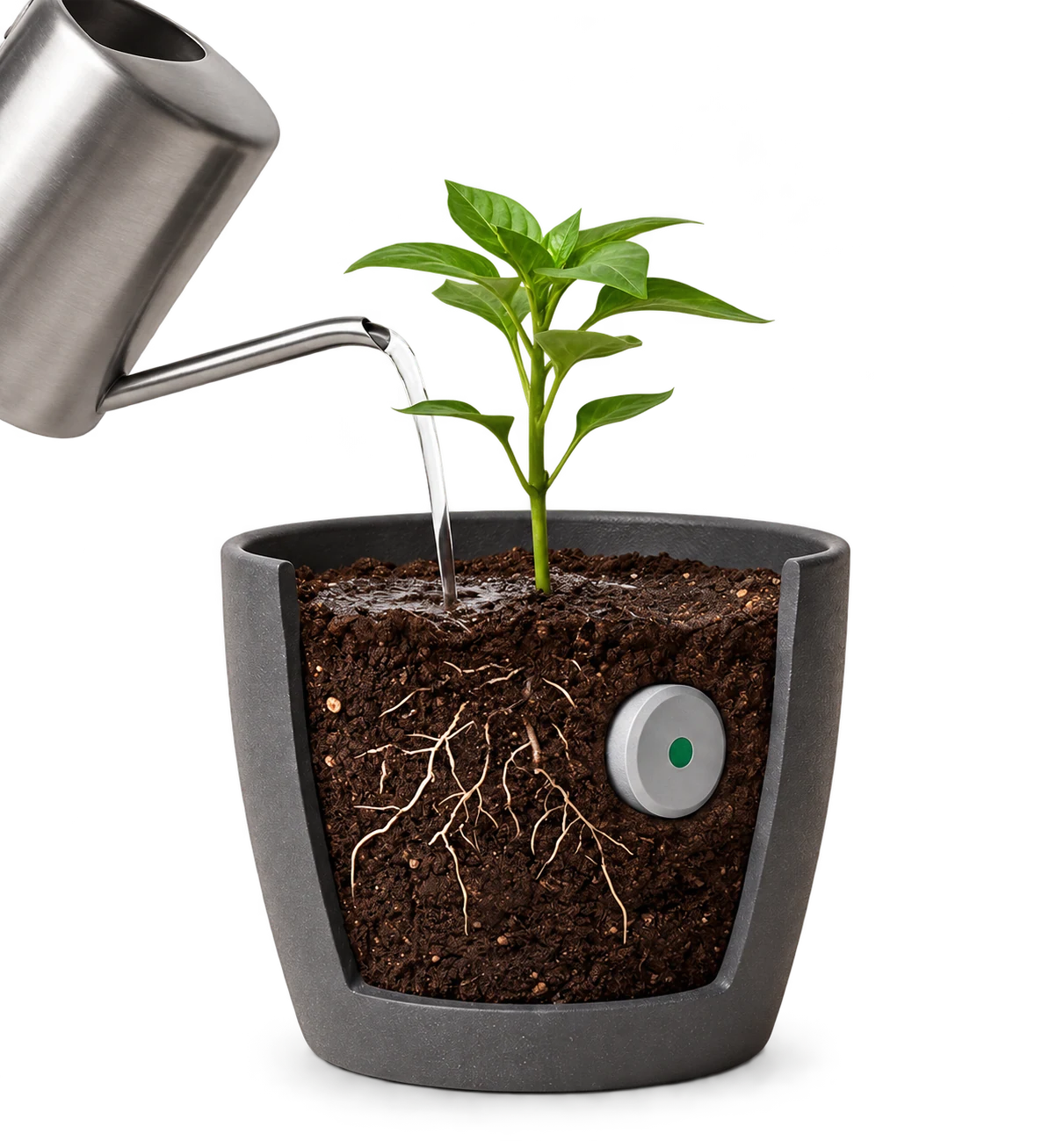 Watering the root zone beside a tablet