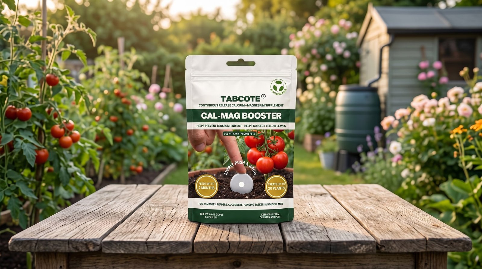 TABCOTE Cal-Mag Booster pouch displayed in a garden with tomatoes and flowers