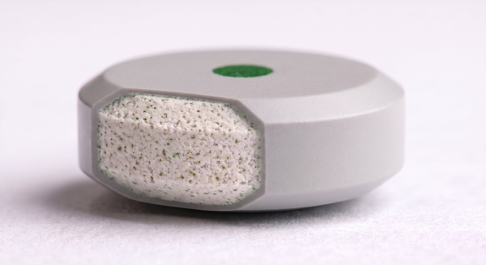 Cutaway tablet showing the nutrient core (1) inside the biodegradable coating (2).