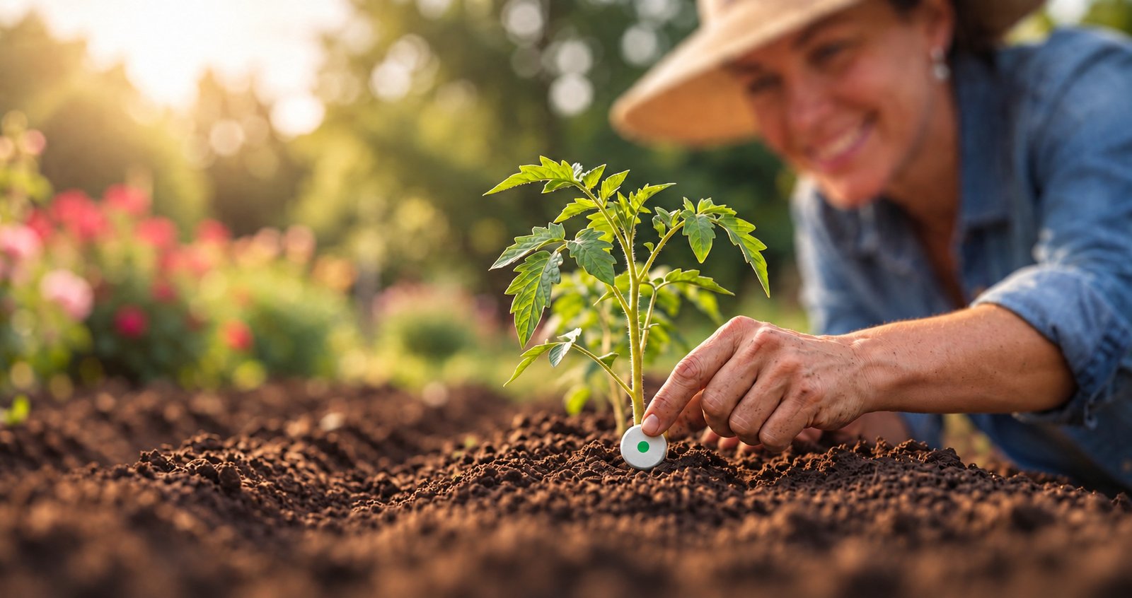 Close-up of a gardener pressing a round matte light-gray TABCOTE tablet with a beveled edge and flat green dot into the soil beside a leafy plant
