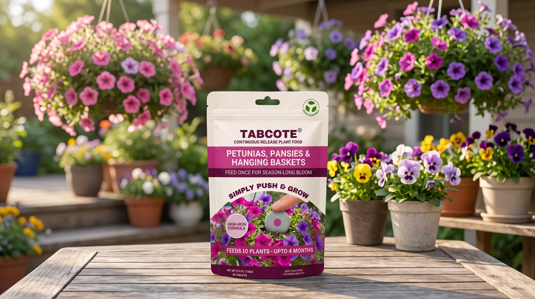 TABCOTE petunias pouch in a garden setting