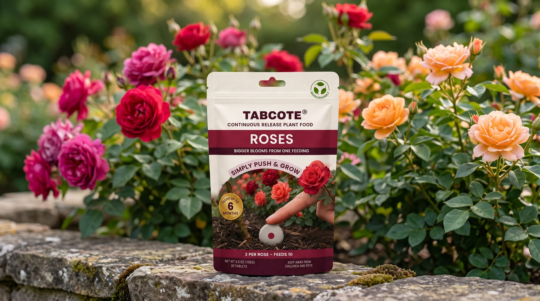 TABCOTE roses pouch in a garden setting