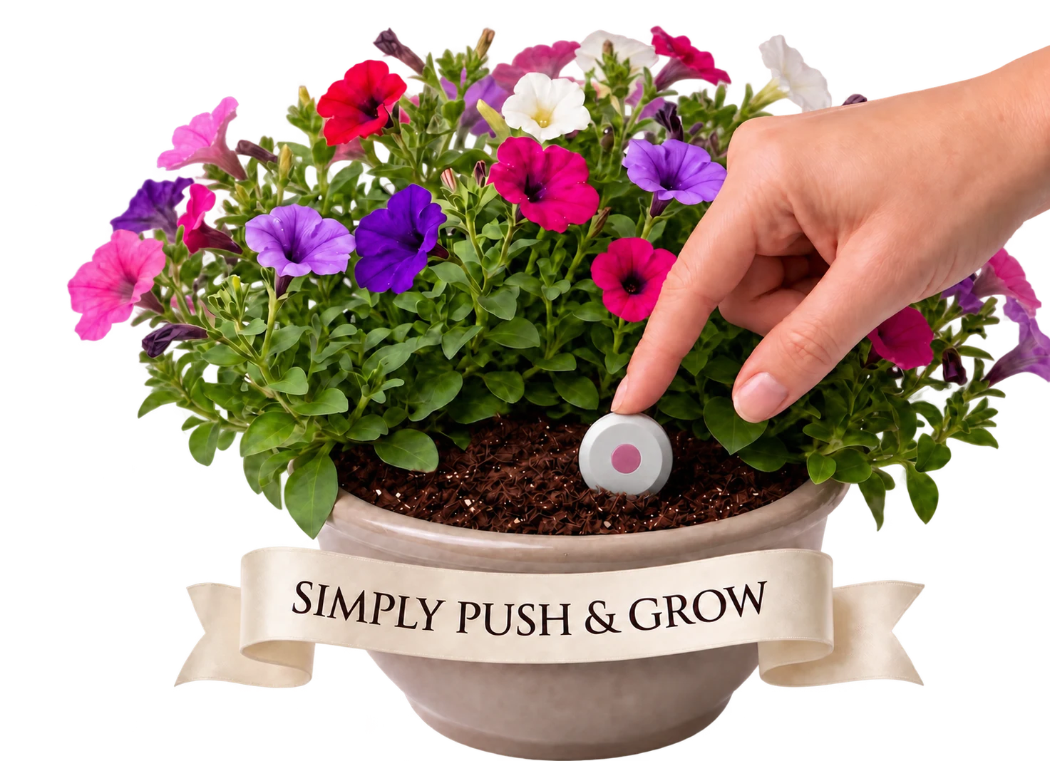 A hand pushing a matte light-gray TABCOTE tablet with a beveled edge and flat printed pink dot into a pot of colourful petunias, with a Simply Push & Grow ribbon