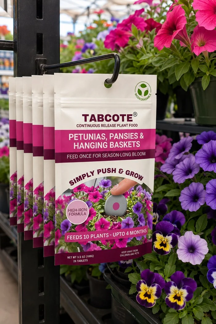 TABCOTE pouches hanging beside petunias in a garden centre