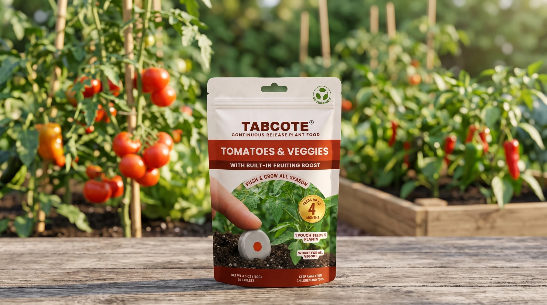 TABCOTE tomatoes pouch in a garden setting