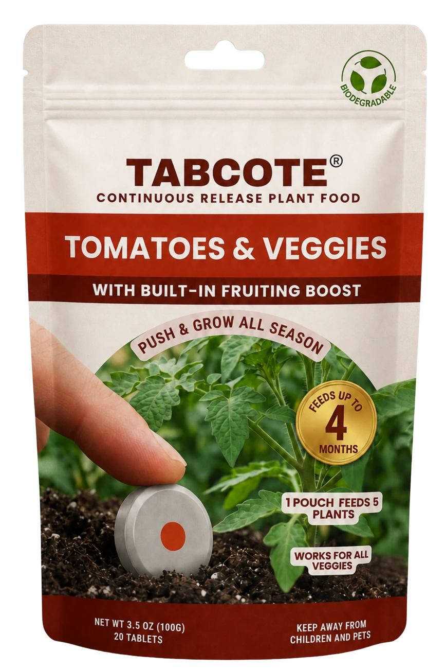 TABCOTE Tomatoes & Veggies retail pouch, shown separately from the trial photograph.
